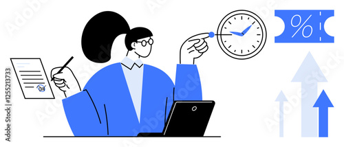 Businesswoman managing time while using laptop, analyzing progress graphs and holding documents. Ideal for time management, productivity, financial planning, business strategy, efficiency, data