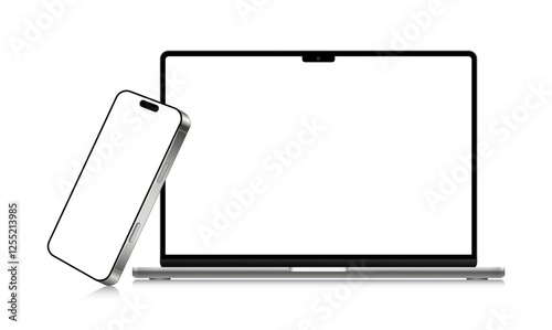 Modern laptop mockup front view and smartphone mockup high quality isolated on white background. Notebook mockup and phone device mockup for ui ux app, vector 10 eps.