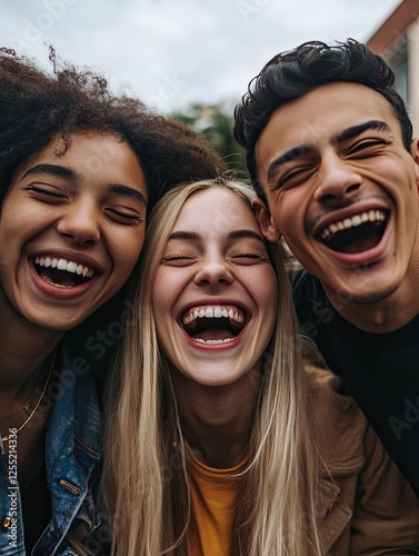 Three friends sharing a moment of pure joy and uncontrollable laughter