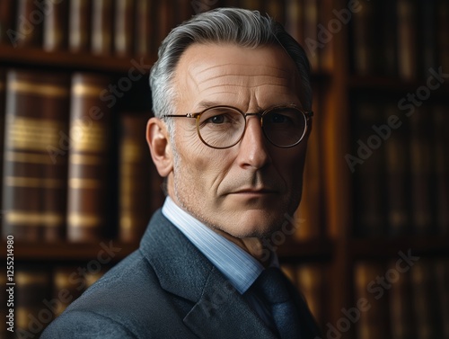 Smartly dressed man with glasses poses confidently in a library setting. Generative AI
