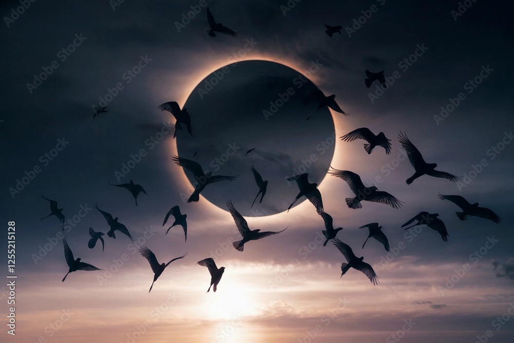 A surreal photo of birds flying across the sky during an eclipse A surreal photo of birds flying across the sky during an eclipse