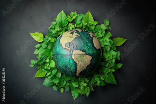 Green globe surrounded by leaves promoting environmental awareness photo