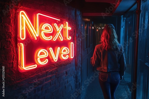 Young woman walking towards next level neon sign