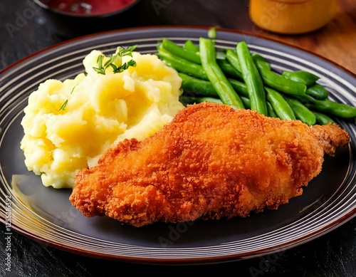 A golden, crispy fried chicken served with mashed potatoes and a side of green beans. photo