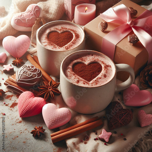 Hot drink decorated with hearts in pink cups, Gift, astmosphere of romance. Valentine's Day holiday, women's holiday on March 8. Neutral background. photo