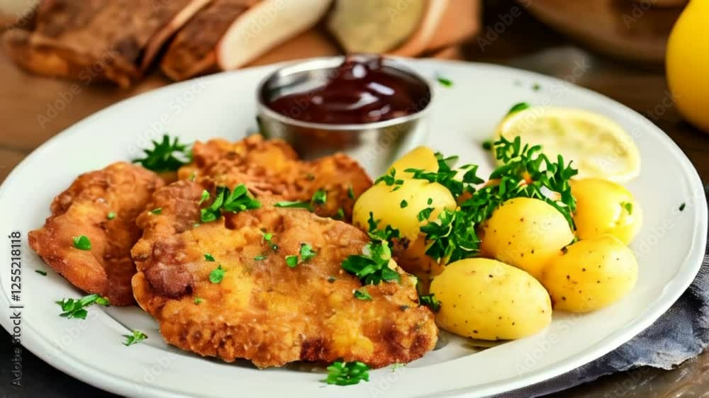 Video of delicious authentic breaded and deep-fried Wiener schnitzel served with lemon and mashed potatoes on a a plate