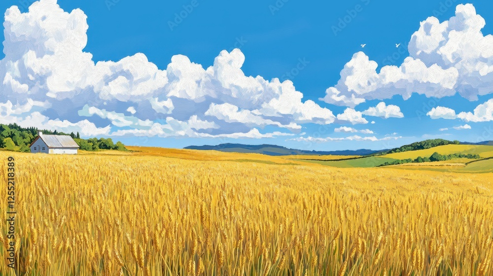 Golden Wheat Field Under a Blue Sky with White Clouds, Pixel Art Landscape Golden Wheat Field Under a Blue Sky with White Clouds, Pixel Art Landscape