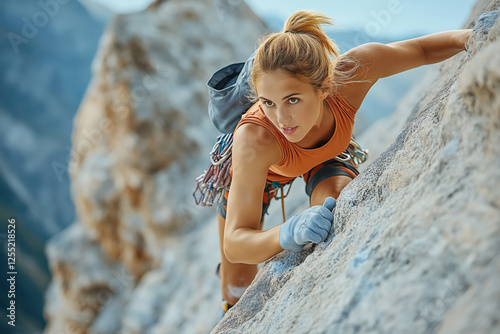 Female climber ascending challenging rock face in the mountains