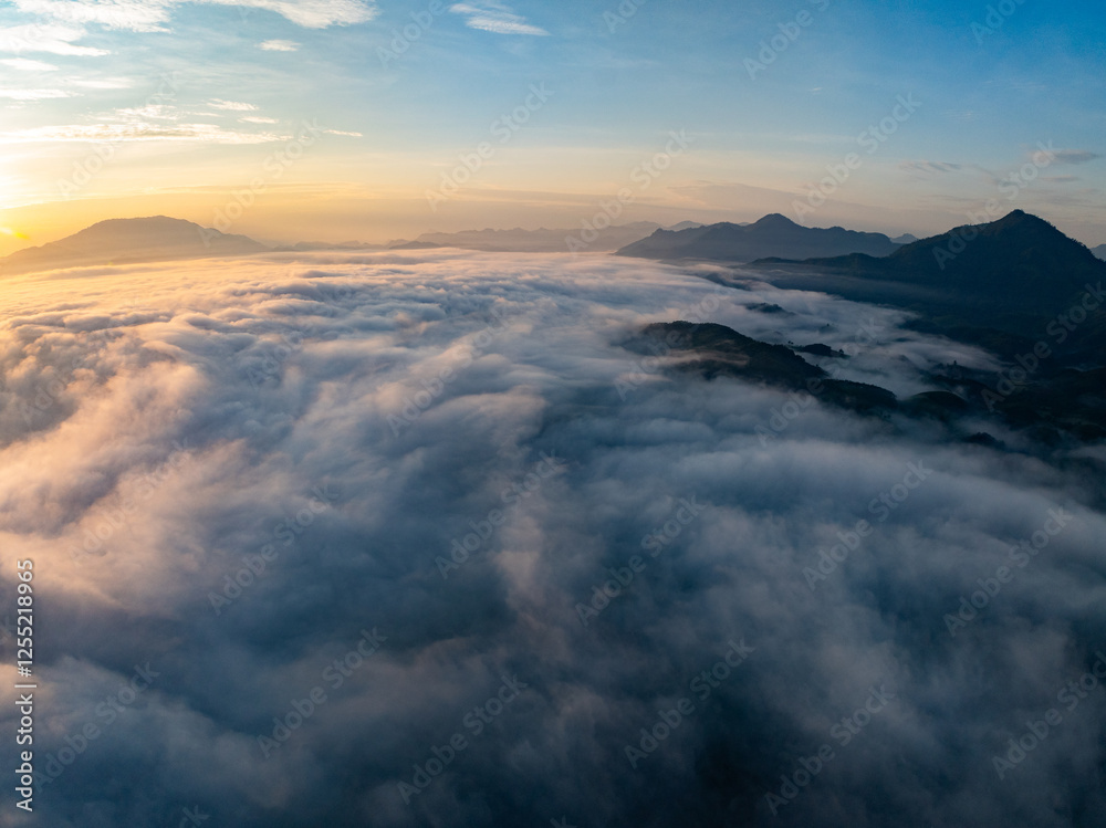 Drone aerial view of landscape fog over mountains in sunrise sky,High angle view over countryside at northern Vietnam,Wide angle view Drone aerial view of landscape fog over mountains in sunrise sky,High angle view over countryside at northern Vietnam,Wide angle view