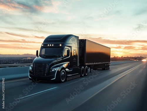 Large black truck driving on highway during sunset near mountains. Generative AI