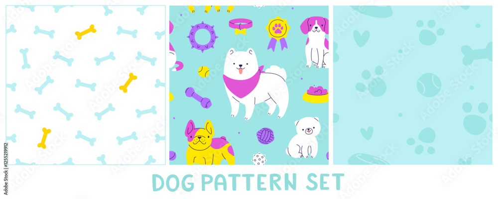 Cute dog pattern set. Seamless vector prints collection with dog supplies. Cute dog pattern set. Seamless vector prints collection with dog supplies.