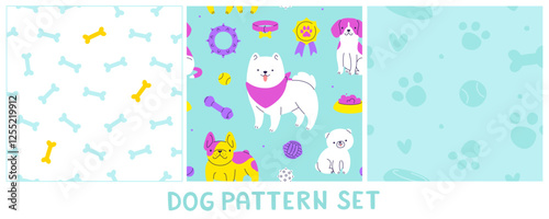 Cute dog pattern set. Seamless vector prints collection with dog supplies.