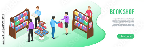 Bookstore clerks engaging with customers while showcasing a variety of books, surrounded by colorful bookshelves and promotional sale posters in an isometric view of the bookstore interior
