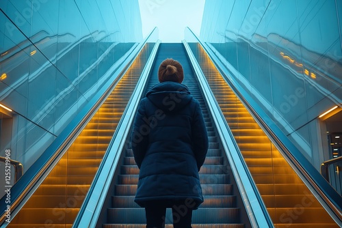 Woman going up on escalator in modern building: growth concept