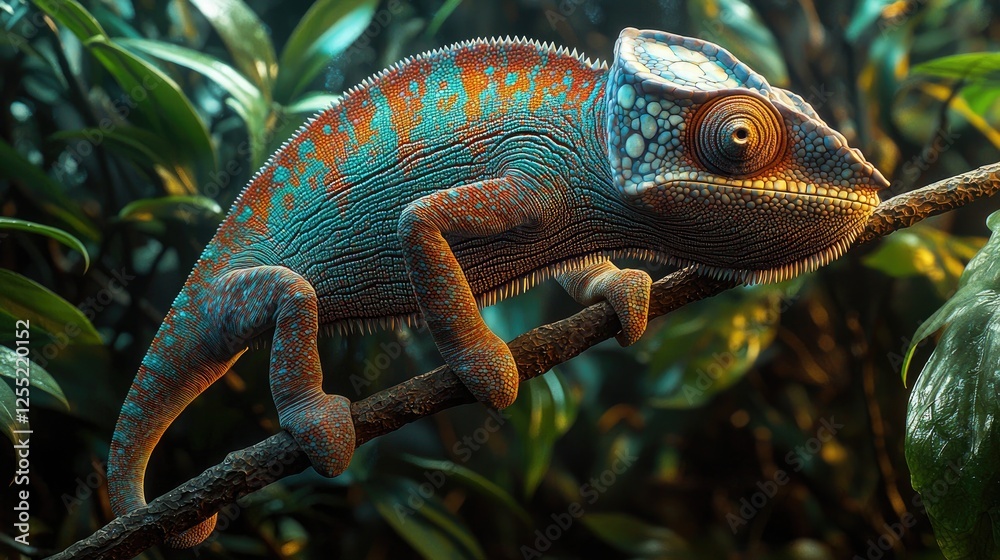 Fototapeta premium Vibrant Chameleon Perched on Branch Amidst Lush Foliage