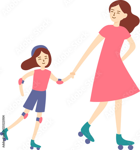 Mother and daughter, both wearing protective gear, joyfully holding hands while roller skating together, embracing fun and creating cherished memories during their outdoor adventure