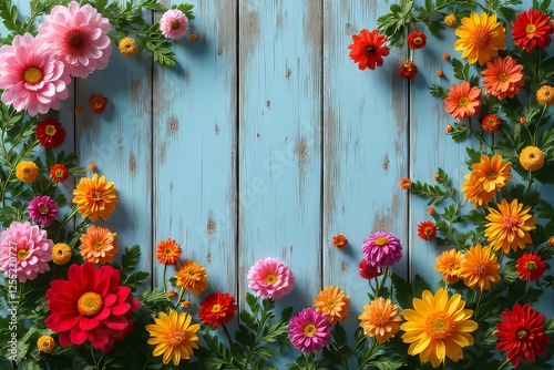 Vibrant Floral Arrangement on Rustic Blue Wooden Background: Colorful Flowers, Dahlias, and Chrysanthemums