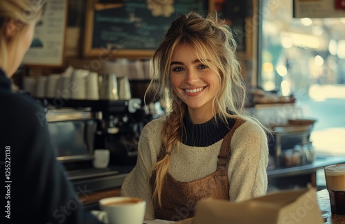 Happy young woman barista serving coffee to customer at cafe counter photo