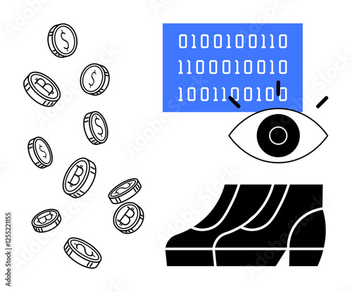 Coins with dollar and bitcoin symbols fall next to a large eye observing a binary code screen above black boots. Ideal for fintech, data security, blockchain, cryptocurrency, surveillance, financial