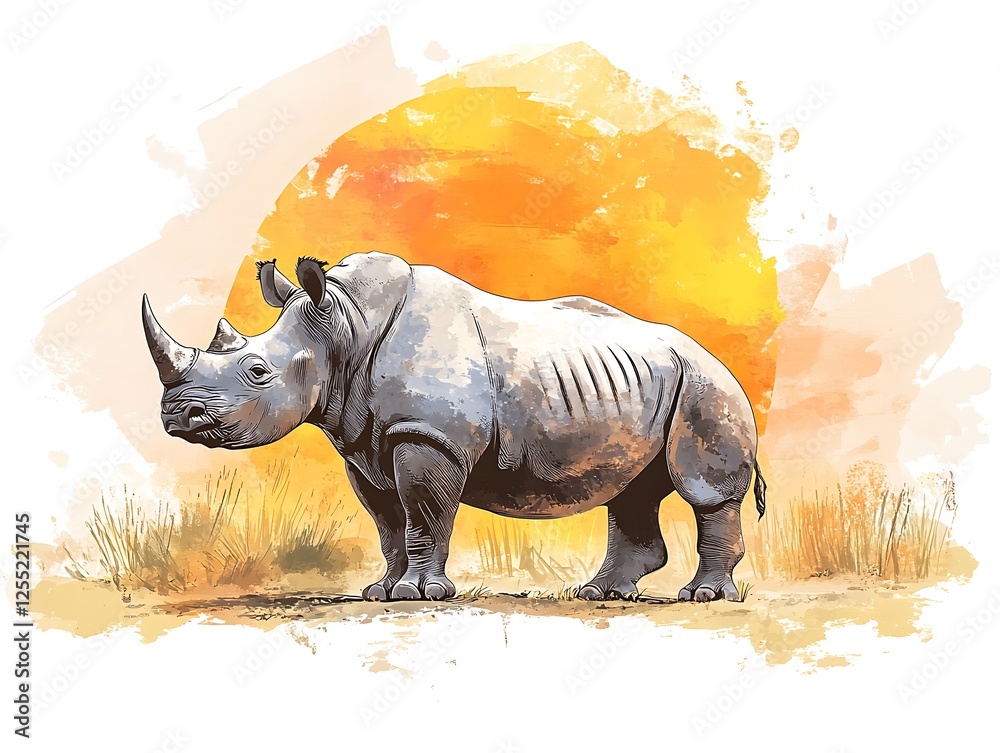 Fototapeta premium White Rhinoceros in African Savanna at Sunset. Possible Use Nature Stock Photo