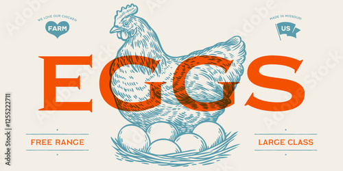 Chicken, hen with nest, eggs. Sketch artwork silhouette chicken with nest, eggs. Label, tag, chicken nest, eggs sketch ink pencil style drawing, engrave old school style. Vector Illustration