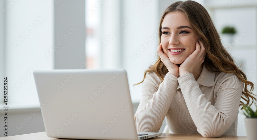 A young woman in a modern workspace, resting her chin on her hands while looking at a laptop screen A young woman in a modern workspace, resting her chin on her hands while looking at a laptop screen