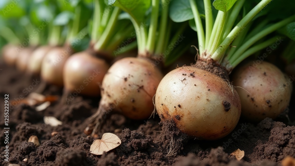Rows of Freshly Harvested Turnips in Rich Soil Ready for Market Rows of Freshly Harvested Turnips in Rich Soil Ready for Market