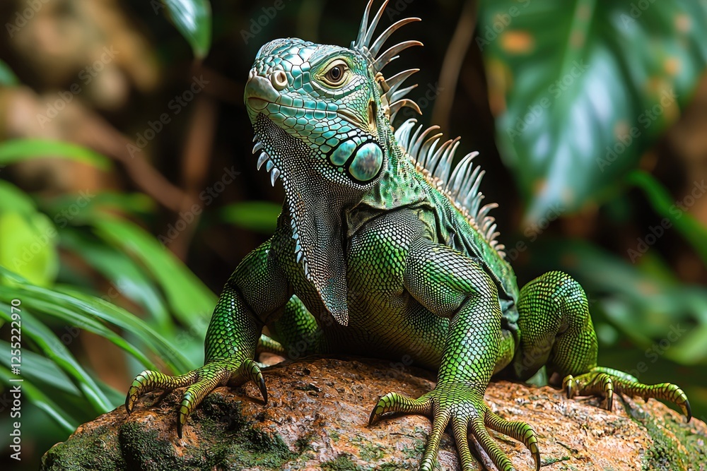 Green Iguana Reptile Posing on Rock in Lush Forest Green Iguana Reptile Posing on Rock in Lush Forest