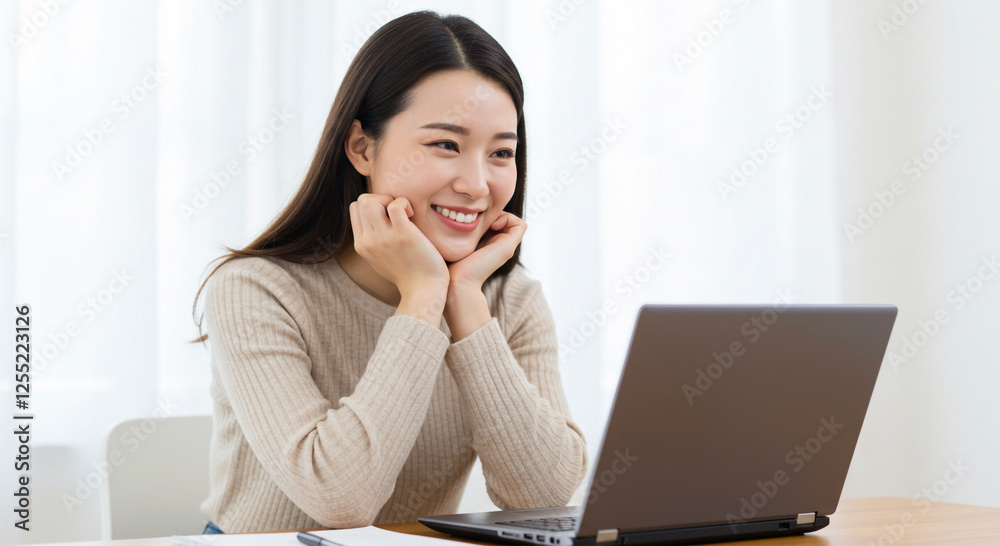 A young woman in a casual outfit, sitting at a desk with a laptop open A young woman in a casual outfit, sitting at a desk with a laptop open