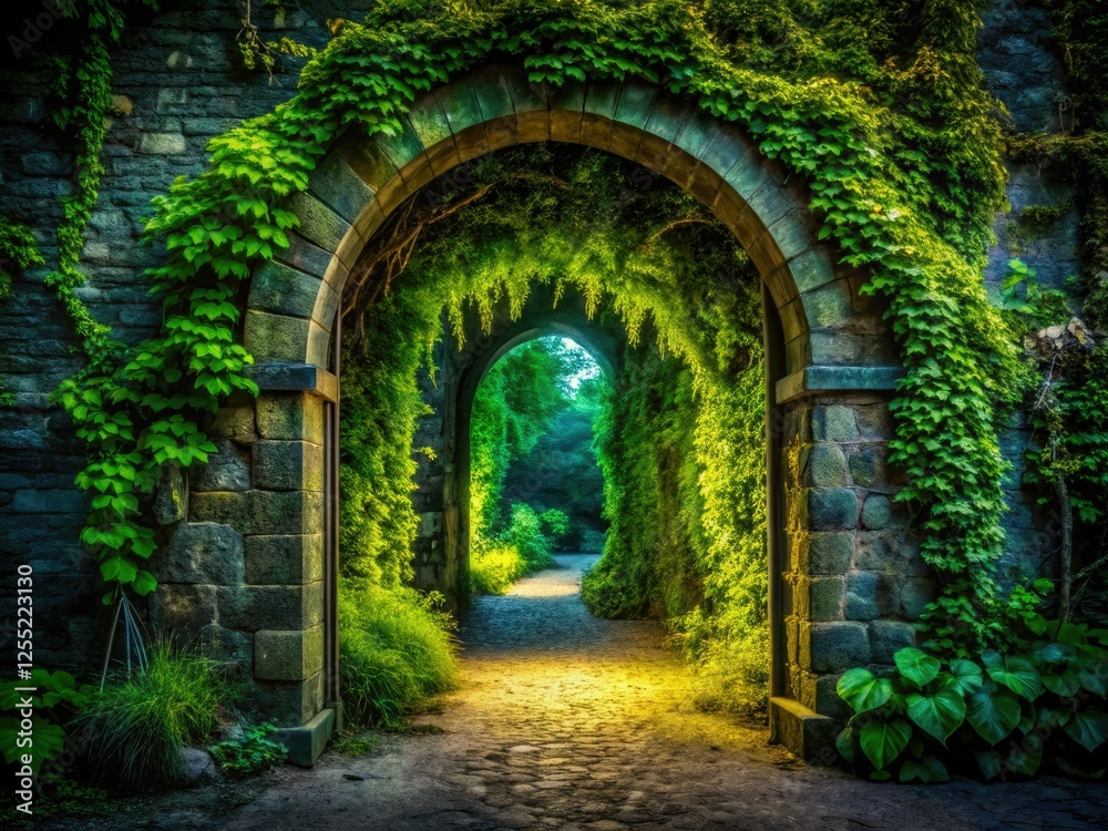 A shadowy stone archway, cloaked in verdant vines, leads down a dark path into the night. A shadowy stone archway, cloaked in verdant vines, leads down a dark path into the night.