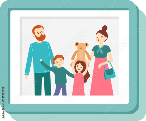 Family portrait representing parents and children standing together, with the daughter holding a teddy bear, symbolizing family unity, love, and childhood memories