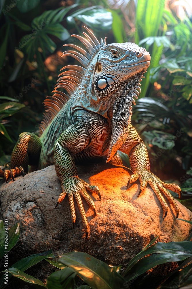 Green Iguana Resting on Rock in Lush Tropical Foliage Green Iguana Resting on Rock in Lush Tropical Foliage