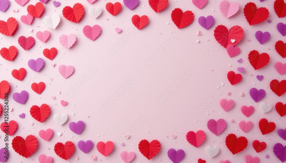 Colorful Heart-Shaped Paper Cutouts Surrounding a Soft Pink Background for Romantic Themes and Celebrations Colorful Heart-Shaped Paper Cutouts Surrounding a Soft Pink Background for Romantic Themes and Celebrations