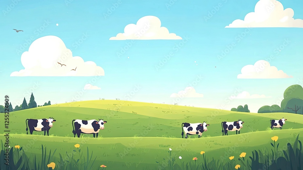 Rolling farmland dotted with cows grazing under an open sky Rolling farmland dotted with cows grazing under an open sky