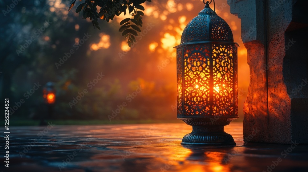 Ornate lantern casting warm light in a tranquil garden setting at sunset. Ornate lantern casting warm light in a tranquil garden setting at sunset.