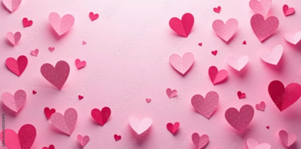 Scattered pink paper hearts, creating a light overlay , anniversary, girly Scattered pink paper hearts, creating a light overlay , anniversary, girly