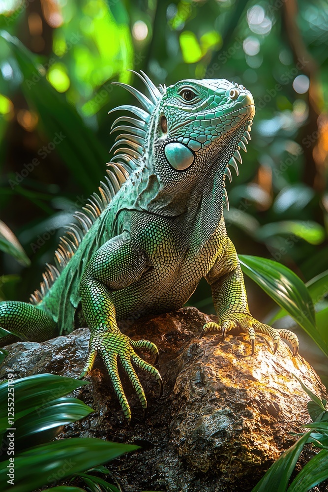Fototapeta premium Green Iguana Basking on a Rock in Lush Tropical Foliage