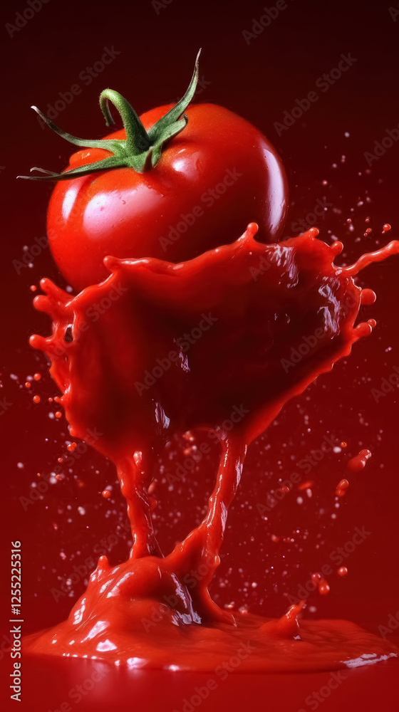 fresh red tomato splashing into thick ketchup on dark red background fresh red tomato splashing into thick ketchup on dark red background