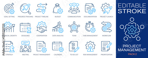 Project management icon set. Collection of collaboration, workflow, strategy, deadlines and more. Vector illustration. Editable stroke.