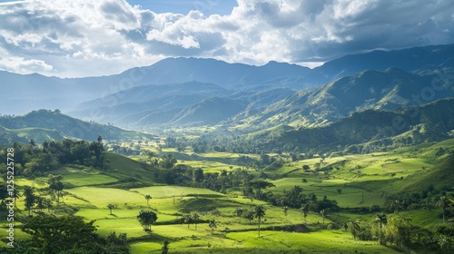 Rugged mountain ranges and lush green valleys under dynamic skies photo