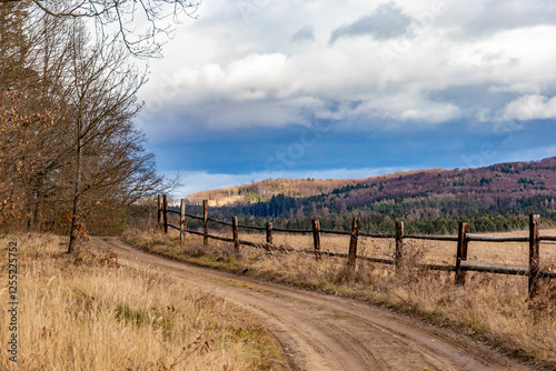 Obraz na płótnie A dirt road in the hills. Early spring. Czechia w salonie