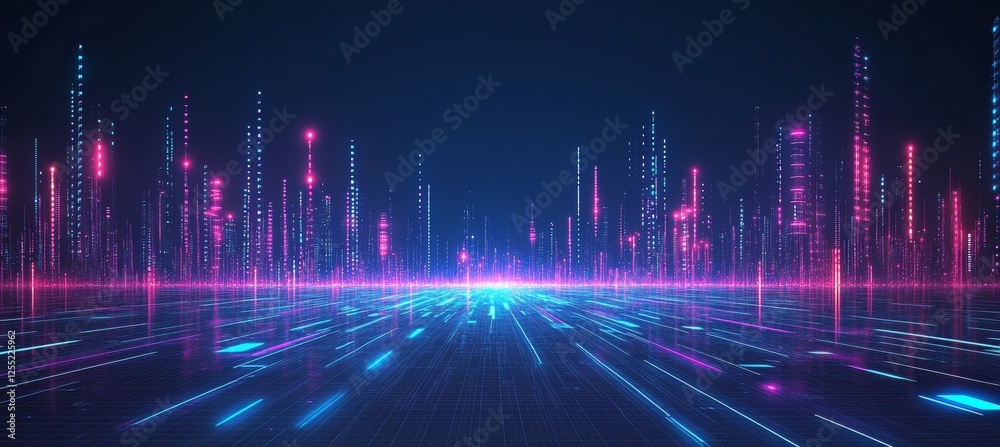 Vibrant Futuristic Cityscape With Glowing Network Of Nodes, Lines, Illuminated Buildings In Blue Vibrant Futuristic Cityscape With Glowing Network Of Nodes, Lines, Illuminated Buildings In Blue