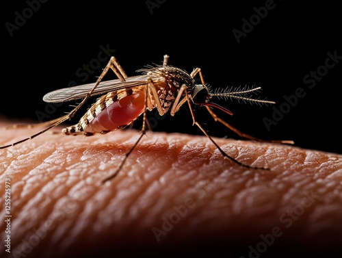 Mosquito feeding on human skin under close-up view at night in a dark setting. Generative AI