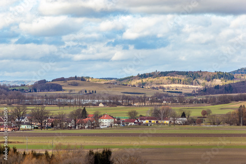 Obraz na płótnie A rural landscape with villages and fields in early spring. South Bohemia, Czechia w salonie