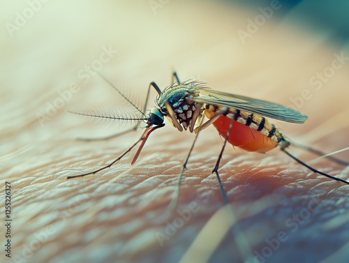 Close-up view of a mosquito feeding on human skin during daytime. Generative AI