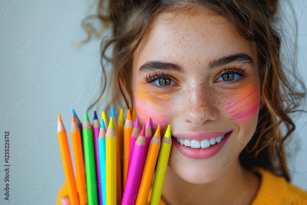 Cheerful girl holding colorful pencils with artistic makeup. Cheerful girl holding colorful pencils with artistic makeup.