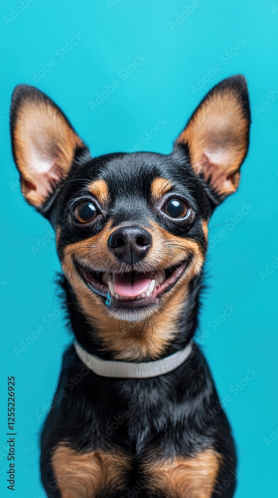 Joyful black and tan pup with perky ears against blue backdrop Joyful black and tan pup with perky ears against blue backdrop