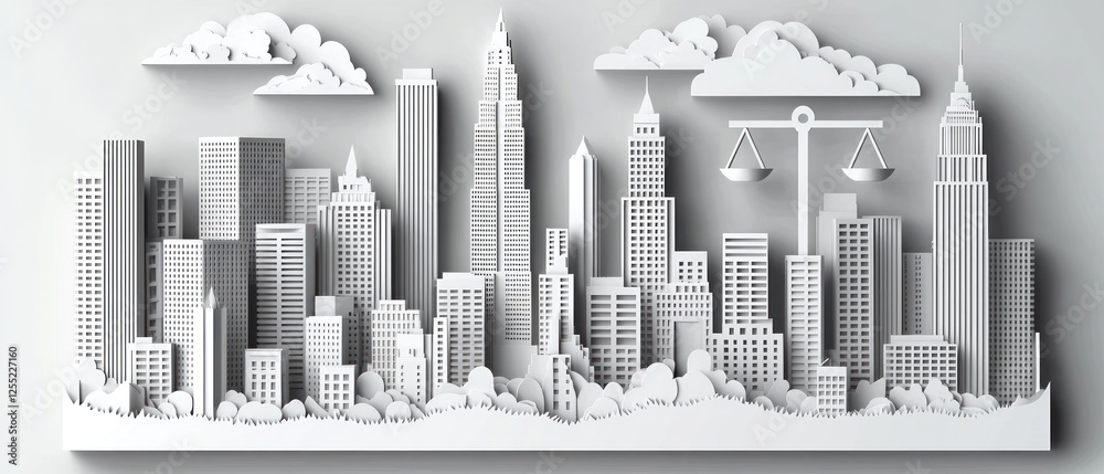 Fototapeta premium Modern city skyline silhouette with clouds and balanced scales in the background