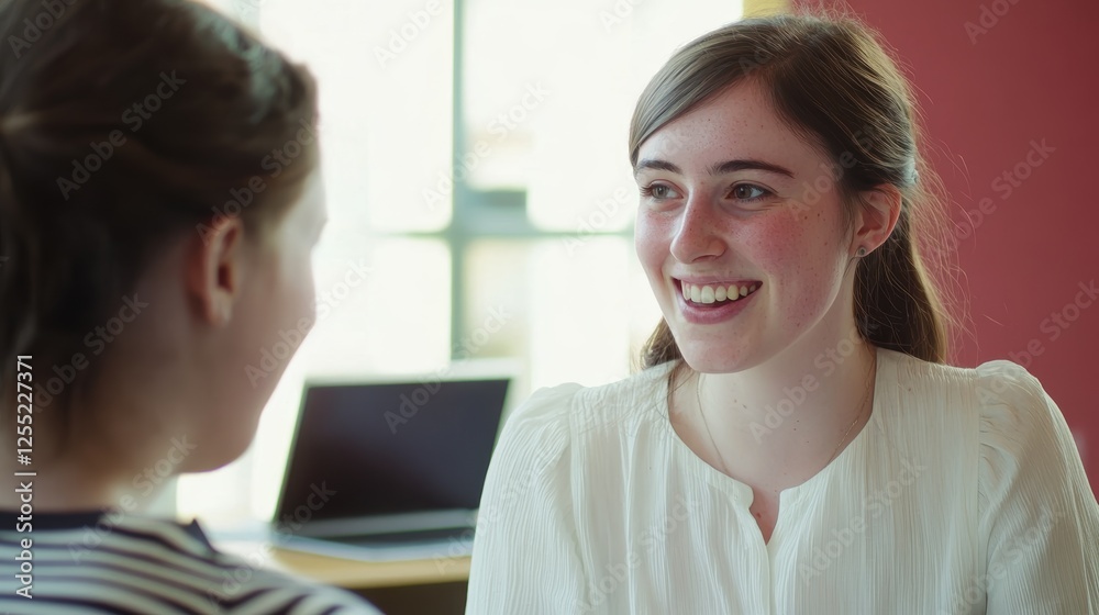 Conversation between two women in a modern workspace, sharing ideas and laughter. Collaboration, teamwork, and professional networking in a friendly environment. Conversation between two women in a modern workspace, sharing ideas and laughter. Collaboration, teamwork, and professional networking in a friendly environment.