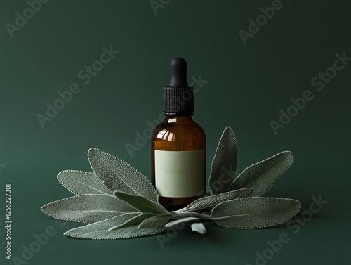 Natural herbal oil bottle on green leaves against dark backdrop. Generative AI